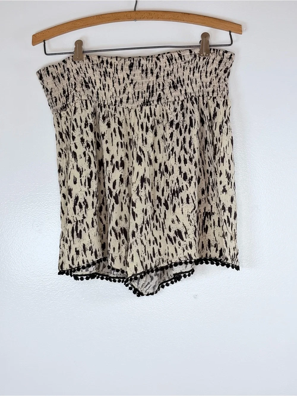 Three Dots Animal Print Smocked Tassel Trim Shorts